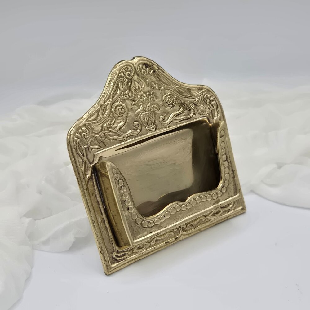 Vintage Ornate Brass Business Card Stand - Folding Easel Card Holder - Victorian